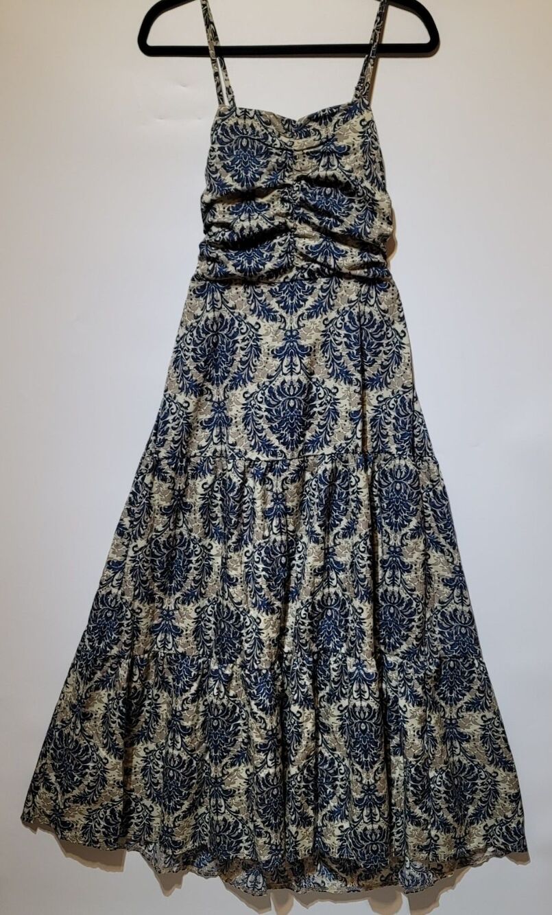 Boho‎ Blue, Green & Cream Damask Print Smocked Bodice Tie Waist Maxi Dress Long